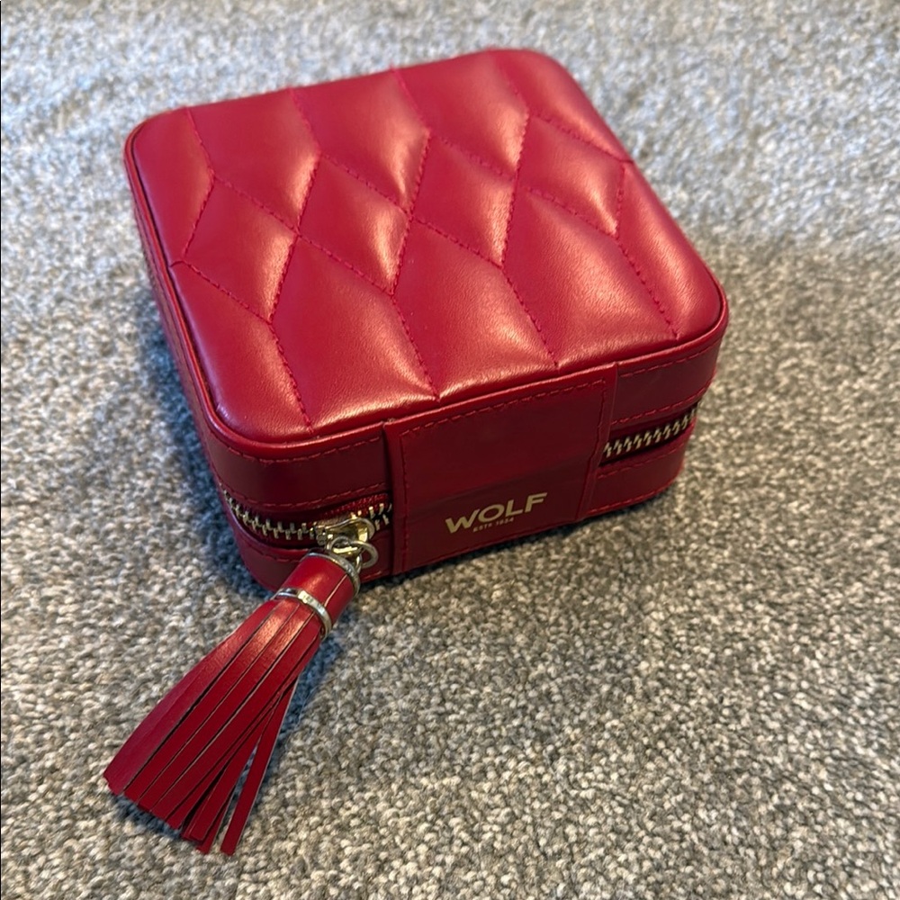 WOLF Red Quilted Travel Jewelry Case
